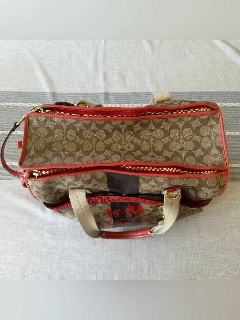 Rare Coach Heritage Stripe Pet Carrier Dog Purse Old Money Luxury Travel Orange